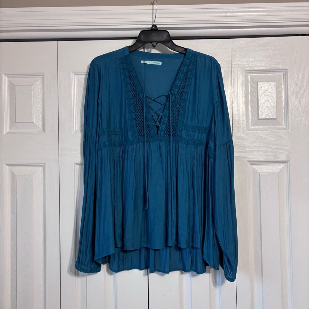 Maurices Teal Relaxed Tie Front Blouse